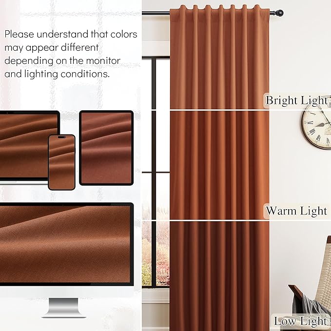 Guken Terracotta Linen 100% Blackout Curtains 90 Inches Long for Living Room 2 Panels Set Linen Textured Black Out Thermal Insulated Soundproof Privacy Back Tab Hook Belt Sorrel Backdrop Drapes 52x90