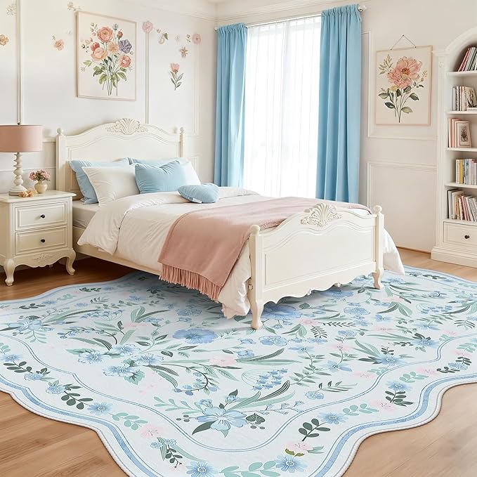 Scalloped Blue Floral Rug 6x9, Washable Soft Faux Wool Area Rug for Living Room, Cute Boho Non-Slip Carpet for Kids Room, Nursery, Bedroom or Office