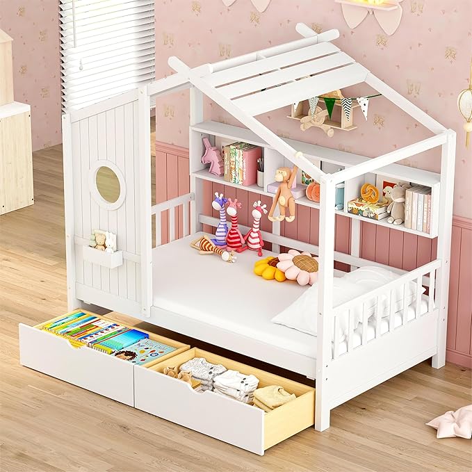 Modern Twin Size House Bed with Roof and Window, Wooden Daybed Frame with Shelves and 2 Drawers,Bedroom Furniture for Girls & Boys (White+2 Drawers/)