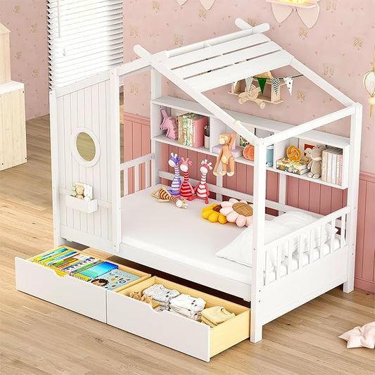 Modern Twin Size House Bed with Roof and Window, Wooden Daybed Frame with Shelves and 2 Drawers,Bedroom Furniture for Girls & Boys (White+2 Drawers/)