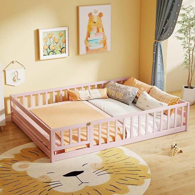 KOMFOTT Full Size Wood Floor Bed with Door & Fence, Montessori Bed Frame with Full Length Safety Guardrails, Door & Latch, Wooden Montessori Floor Bed for Kids, Girls, Boys (Full,Pink)