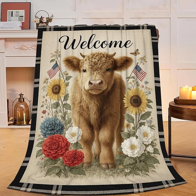 Highland Cow Blanket Farmhouse Cow Throw Blanket Soft Cozy Fleece Fuzzy Plush Warm Stuff Bedding Farm Animal Blankets Gifts for Boys Girls Kids Adult Men Women 50"X60"
