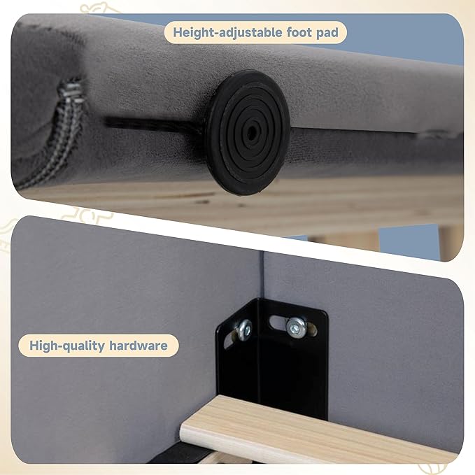 Toddler Floor Bed Frame with Removable Safety Rails and Storage Bag, Kids Bed for Girl and Boys, Standard Crib Size Portable Beds, Safety Upholstered Child Beds, Low to Floor Design