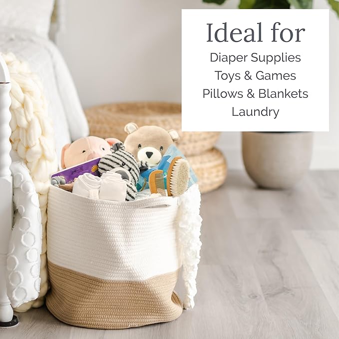Natemia Extra Large Woven Storage Basket (20" x 20" x 14") - Baby & Toy Organizer, Blanket Basket, Perfect Baby Registry Gift