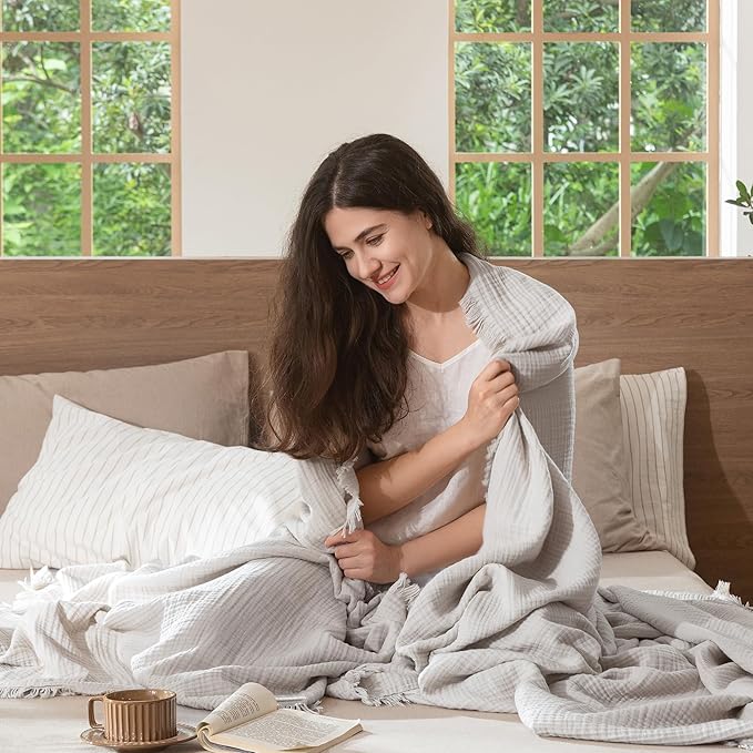 MooMee Muslin Blanket - 100% Cotton 4-Layer Gauze Throw Blanket with All-Around Fringe, Ultra-Soft Breathable Lightweight Cooling Decorative for Bed, Sofa & Couch (Light Grey, Queen 90" x 90")