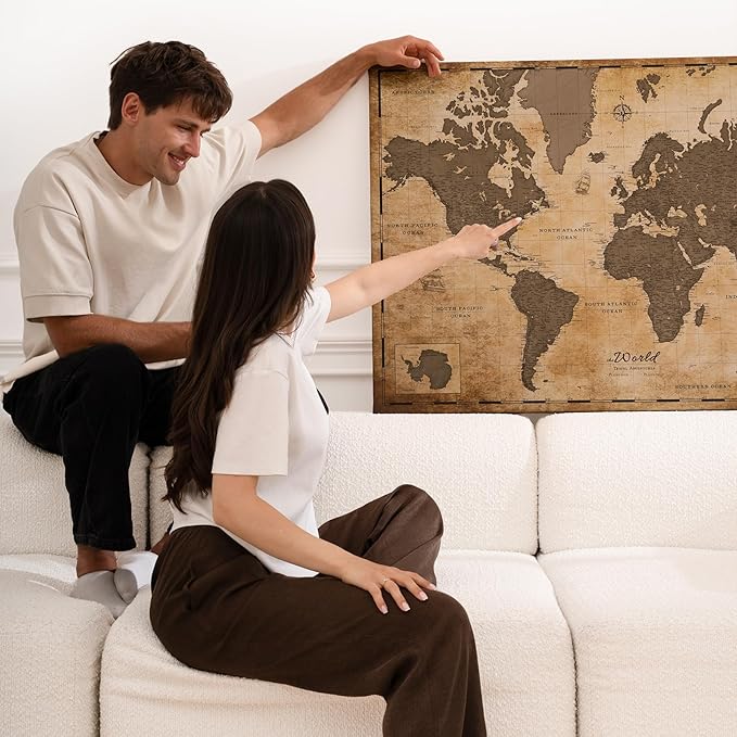 Canvas World Map with Cork Pin Board - English Lettering - Decorative Wall Decoration for All Rooms - Canvas Pictures with World Map Motif (150x100 cm, Pattern 1)