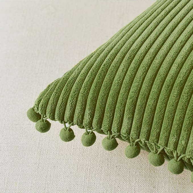 Fancy Homi Pack of 2 Moss Green Decorative Throw Pillow Covers with Pom-poms, Soft Corduroy Solid Square Cushion Cases Set for Couch Sofa Bedroom Car Living Room (20x20 Inch/50x50 cm, Moss Green)