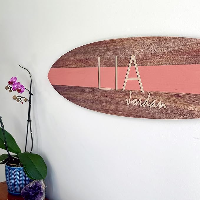 Headwaters Studio Personalized Wooden Surfboard Wall Decor – Custom Name Surfboard Sign for Nursery, Playroom, or Coastal Room – Decorative Surf Board Wall Art-2 Sizes, 12 Colors