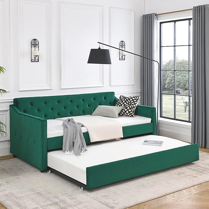 Bellemave Twin Upholstered daybed with Trundle, Velvet Sofa Bed Twin Size, daybed with Trundle for Adults, Kids, Girls, Teens, for Living Room, Green