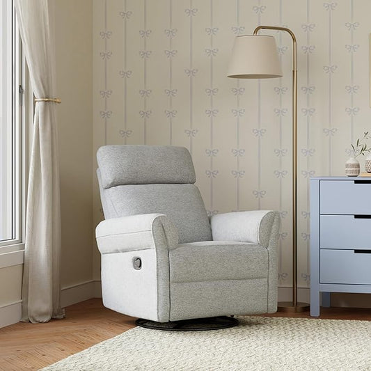 Davinci Suzy Flex Nursery Recliner and Swivel Glider with Adjustable Headrest and Armrests, High Pillowback in Frost Grey | GREENGUARD Gold, FSC, CertiPUR-US® Certified