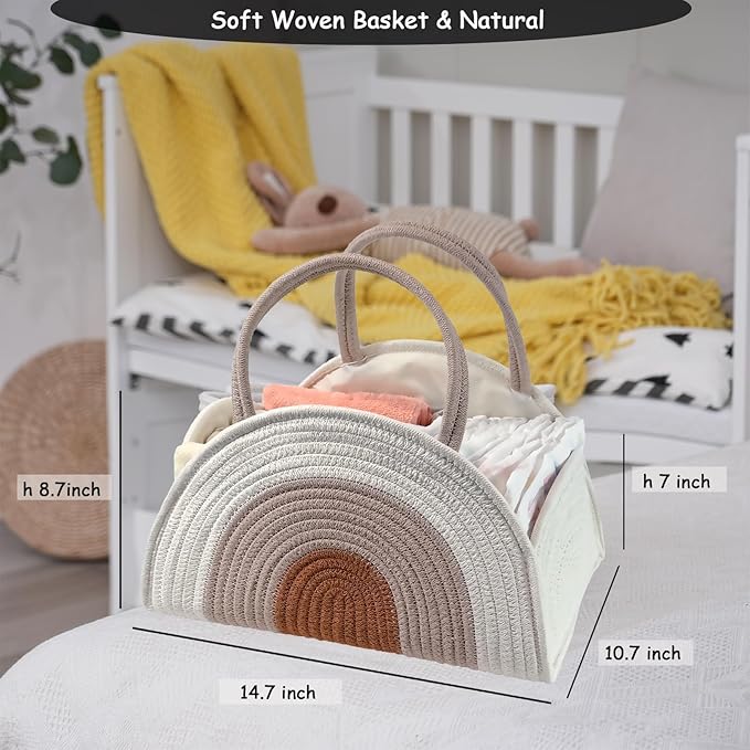 COMFY-HOMI Diaper Caddy Organizer with Gift Bags and Ribbons - Sturdy Cotton Rope Basket for Baby Girl & Boy Newborn Essentials, Large Baby Gift Bag, Nursery Storage Caddy with Handles (white Brown)