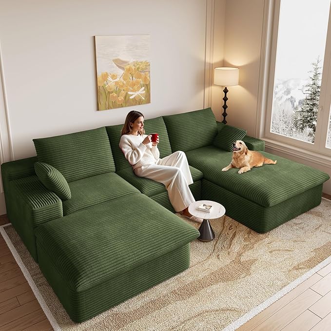 107" Cloud Modular Sectional Sofa with 1 Ottoman, Deep Seat Boneless Couch, Modern Upholstered Corduroy Couches, Comfort U Shaped Sofa for Living Room, No Assembly Required(Green,Right Facing Chaise)