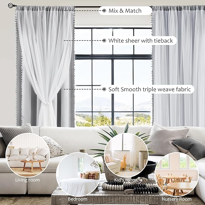Treatmentex Pom-Pom Blackout Curtains with Sheer Overlay for Living Room Bedroom Kid's Nursery Room, Grey Mix and Match Double Layer Room Darkening Window Curtain Panels with Tie Backs, 2 pcs, 52x84