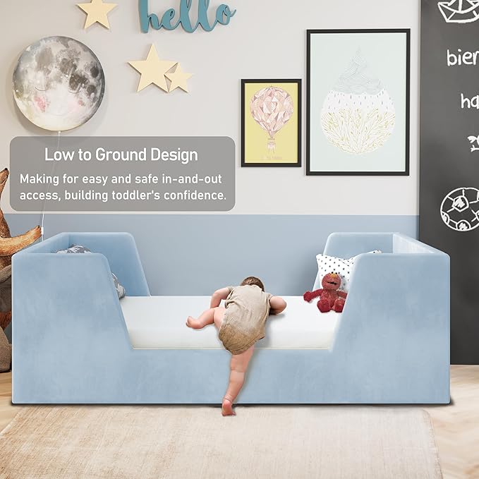 Toddler Bed, Toddler Floor Bed Frame with Guard Rails, Kids Bed for Ages 2-6 Years Kids Girls and Boys, Standard Crib Mattress Toddler Beds, Certified Fabric (Blue)