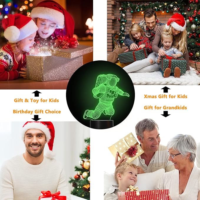 FULLOSUN Spaceman 3D Night Light, Astronaut Rocket Optical Illusion Lamp Birthday Gift Idea for Outer Space Fan Xmas, Living Room Decor Night Light with 7 Colors Changing