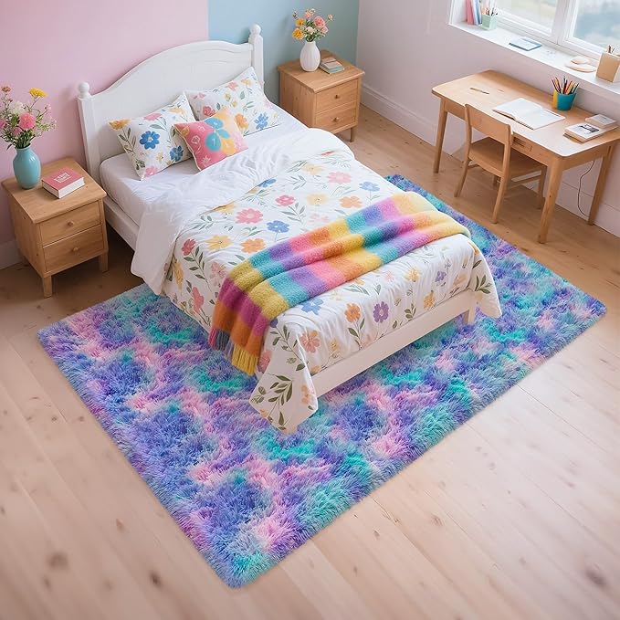 Tie-Dyed Purple Blue Rainbow Kids Rug for Bedroom, 3x5 Fluffy Fuzzy Area Rugs for Girls Room Dorm, Indoor Shaggy Living Room Carpet, Cute Soft Shag Playing Mat for Baby Nursery Playroom