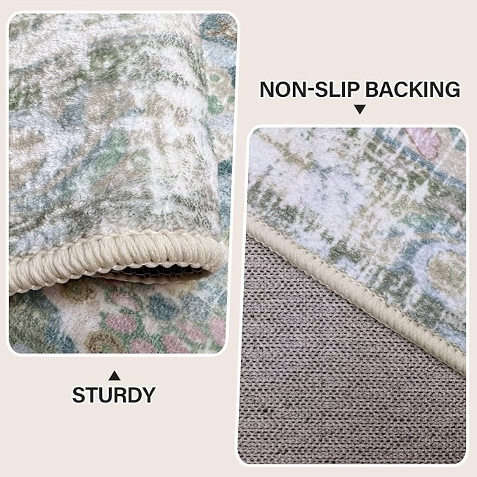 Vhong Washable Area Rugs Boho Vintage Neutral Modern Pale Green 6x9 Non Slip Small Carpet for Living Room Dining Room Bedroom Farmhouse