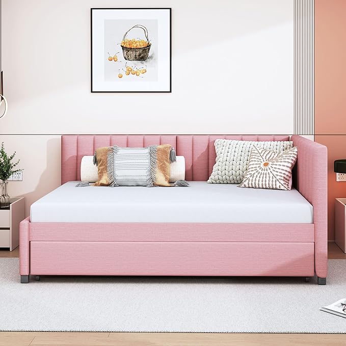 Harper & Bright Designs Full Size Upholstered Daybed with Trundle Sofa Bed Frame for Boys Girls Kids Adults Toddler No Box Spring Needed, Linen Fabric(Pink)