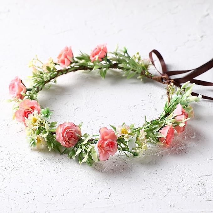 Handmade Fairy Flower Crown - Fashion Pink Flower Headband Mini Rose Hair Wreath Women Girls Floral Headpiece for Wedding Festival Halloween Cosplay