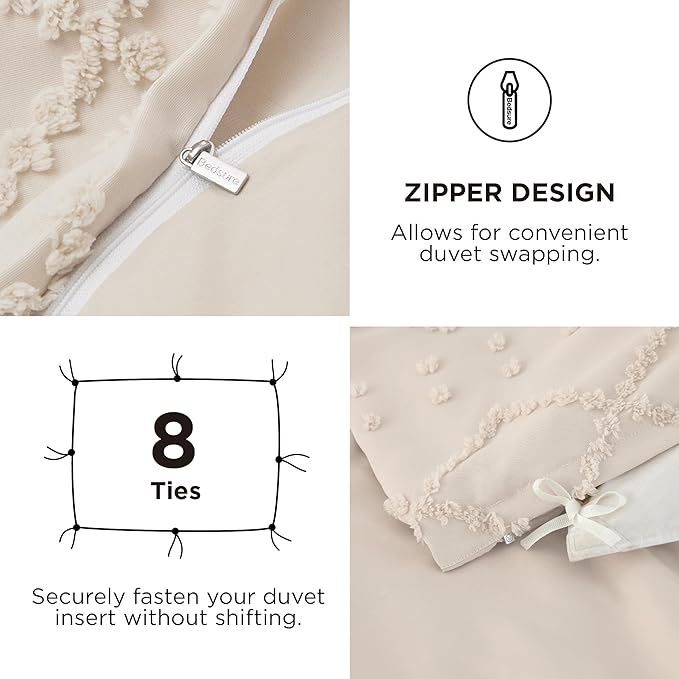 Bedsure Boho Duvet Cover Queen Size with Fitted Sheet - Boho Bedding Comforter Set, 4 Pieces, Includes 1 Duvet Cover 90"x90" with Zipper Closure, 2 Pillow Shams, 1 Fitted Sheet, Beige