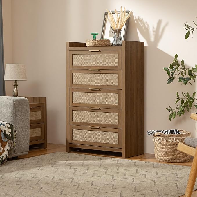 SICOTAS Dresser for Bedroom Chest of Drawers 46" Tall Dresser for Closet with 5 Rattan Drawers Boho Nightstands Set of 2 Large Clothes Storage Cabinet TV Stand for Living Room Hallway Nursery Entryway