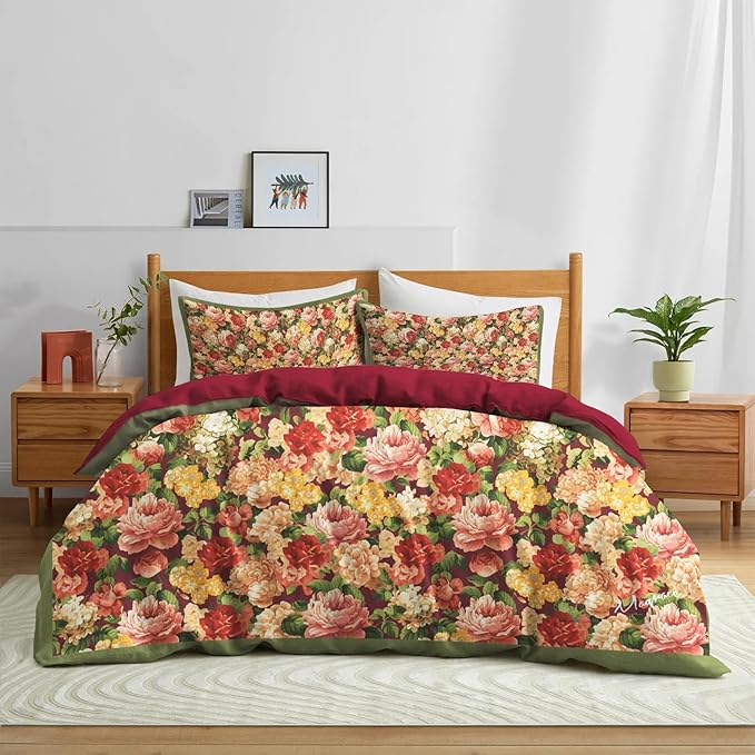 MAGRACE Cotton Duvet Cover Queen- Super Soft Breathable Duvet Cover Set -Duvet Cover with Pillow Shams, Vintage Floral Pattern & Maroon Red Reversible
