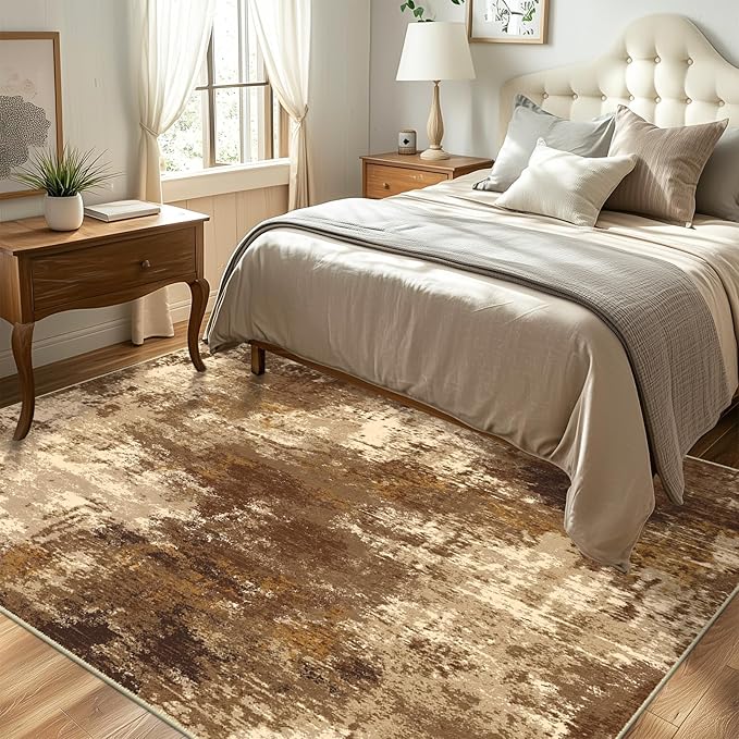 Washable Area Rugs 5'x7' Non-Slip Modern Abstract Soft for Living Room Entryway Bedroom Nursery, Print Pattern, Brown Tan Beige Coffee