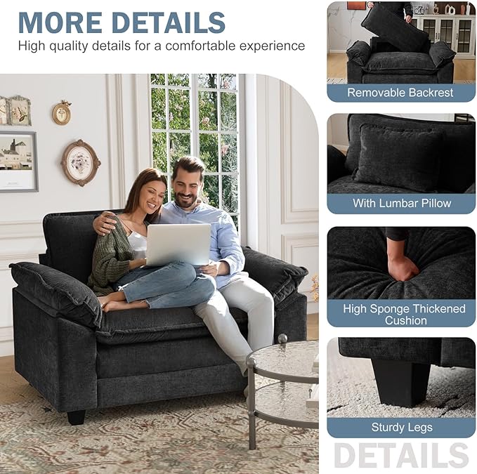 CDCASA Oversized Accent Chair, Chenille Comfy Cloud Sofa Chair with Large Seat and Upholstered Armrests, Modern Extra Wide Armchair Reading Chairs for Bedroom, Living Room,Black