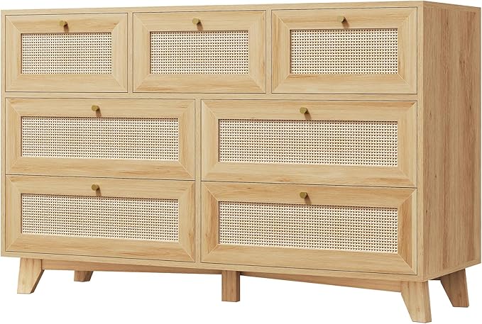 AOGLLATI Rattan Dresser for Bedroom with 7 Drawer, Modern Wooden Wide Bedroom Dresser, Chest of Drawers with Metal Handle & Solid Wood Legs for Bedroom/Living Room, Wood