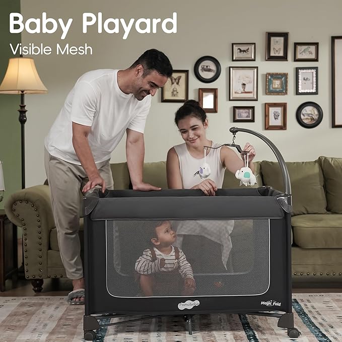 Pamo Babe 1-Second Setup Pack and Play for Babies - Portable Crib with Zip Door & Changing Table
