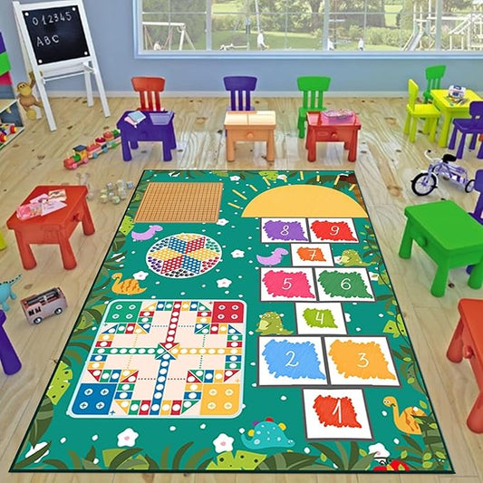 Hopscotch Area Rug for Playroom,6x9ft,Cute Dinosaur Print Playmat Rug Fade-Resistant Easy to Clean Kids Floor Mats for Boys Girls Bedroom Washable Throw Carpet