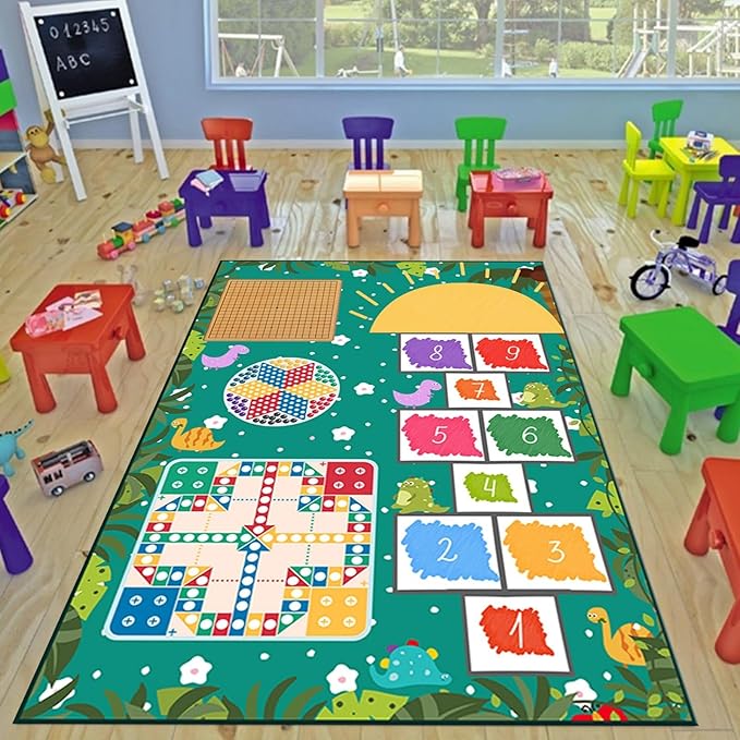 Hopscotch Area Rug for Playroom,5x8ft,Cute Dinosaur Print Playmat Rug Fade-Resistant Easy to Clean Kids Floor Mats for Boys Girls Bedroom Washable Throw Carpet