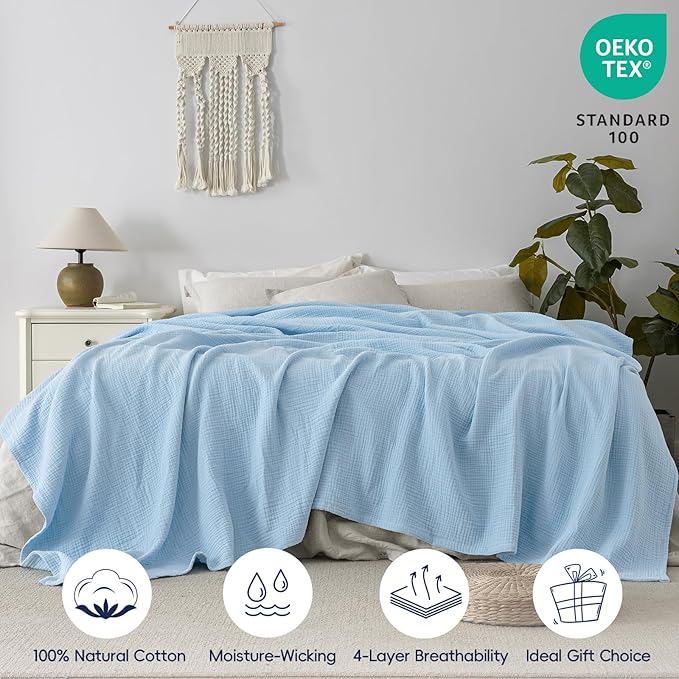 PHF 100% Cotton Muslin Blanket King Size 108"x90", 4-Layer Lightweight Gauze Throw, Breathable Cloud-Soft Minimalist Blanket for Bed, Couch, Camping & Baby, Sky Blue, Ideal Gift