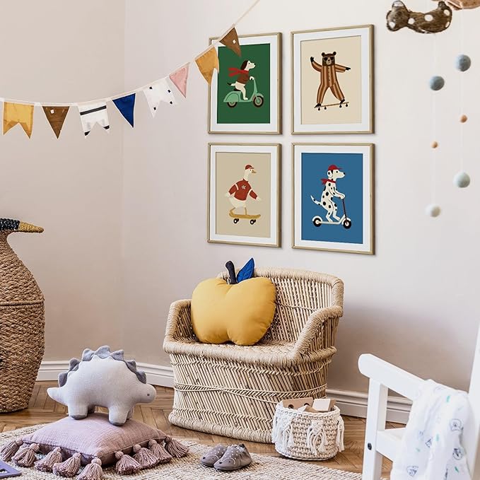 VONTP Kids Animal Nursery Wall Art Decor, Retro Dog Goose Bear Nursery Prints Poster Wall Decorations for Kids Boy Nursery Toddler Room Bedroom Playroom, 8x10 Inch Set of 4 (Unframed)