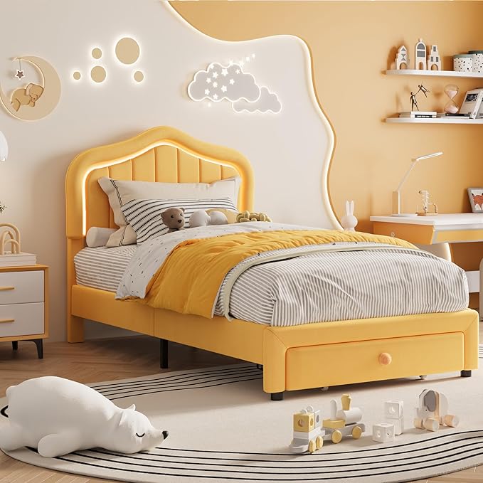 Twin Upholstered Bed Frame with Storage Drawer and Smart Led Headboard, Twin Size Platform Bed Frames for Kids, Wooden Slats Support, No Box Spring Needed, Easy Assembly, Yellow