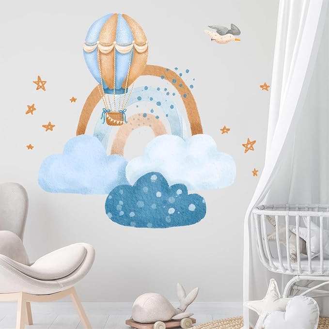 Hot Air Balloon & Clouds Wall Decals - Peel and Stick Watercolor Rainbow Stars Bird Wall Stickers, Decor for Baby Nursery, Toddler & Kids Bedroom Walls