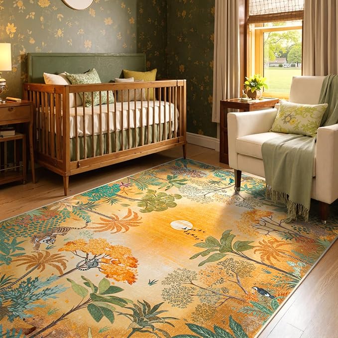Lahome Fall Jungle Bedroom Rug 8x10 Under Bed, Large Washable Fall Area Rugs 8x10 for Living Room, Soft Sunset Forest Kids Playroom Non Shedding Indoor Carpet for Nursery