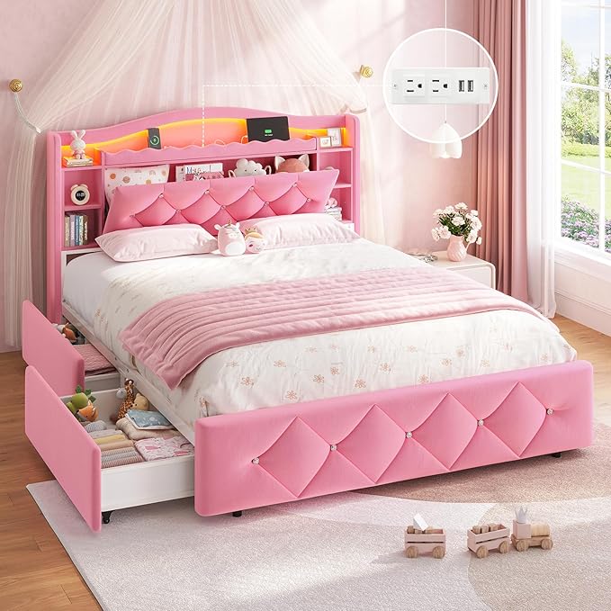 DICTAC Full Size Bed Frame for Girls with 4 Storage Drawers, Bookcase Headboard, LED Lights and Power Outlets, Diamond Tufted Velvet Upholstered Princess Platform Bed, Heavy-Duty Metal Support, Pink