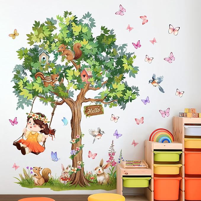 Amaonm Large Whimsical Tree Wall Decal with Woodland Animals, Birds, and Butterflies, Watercolor Green Tree Wall Sticker Decor for Girls Kids Bedroom Living Room Nursery Decoration (A)