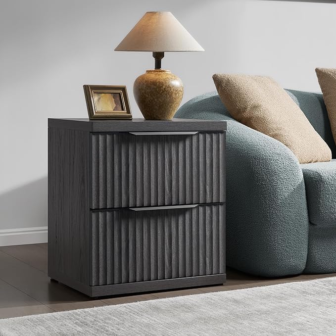 SICOTAS Fluted Night Stand Set 2 - Modern Nightstand with 2 Large Drawers, 22 Inch Wide Bedside Table for Bedroom, Mid Century Bed Side Tables Bedroom, Dark Grey Alder