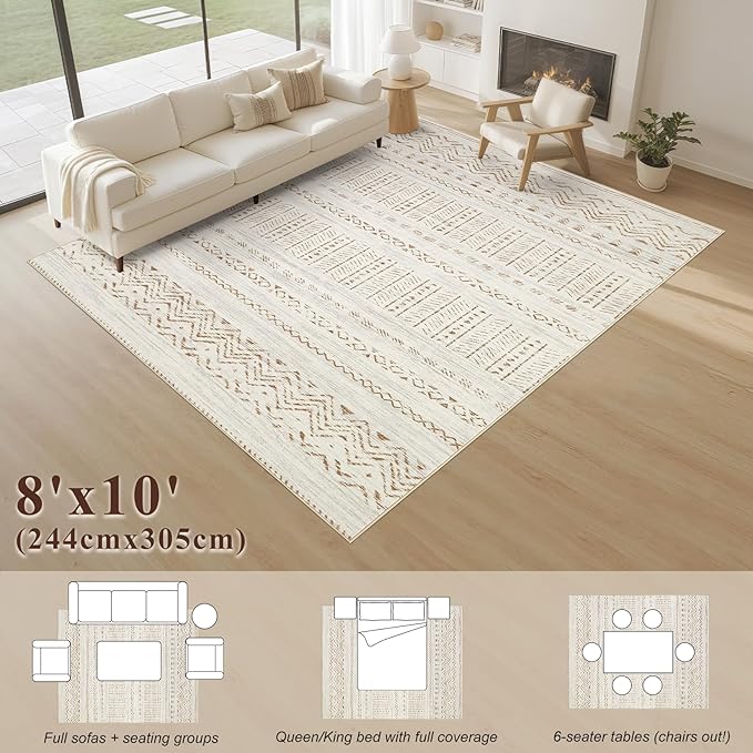 Area Rugs for Living Room Washable Living Room Rug Soft Neutral Indoor Floor Carpet Non-Slip Stain Resistant Modern Boho Rugs for Bedroom Dining Room Kids Room Nursery Office Home Brown/Cream