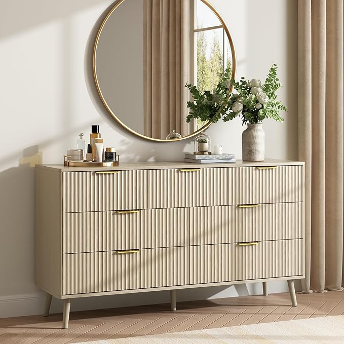CARPETNAL Fluted 7 Drawer Dresser for Bedroom, 55" Wide Wooden Chest of Drawers with Rounded Corners, Gold Handles, Modern Storage Organizer for Bedroom, Hallway(Beige)