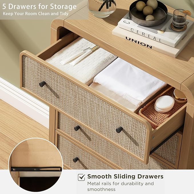 Oak&Sparrow 5 Drawer Tall Dresser for Bedroom, 47'' Rattan Dresser with Ample Storage, Boho Chest of Drawers, Thickened Curved Profile Design, Oak Dressers for Bedroom, Living Room