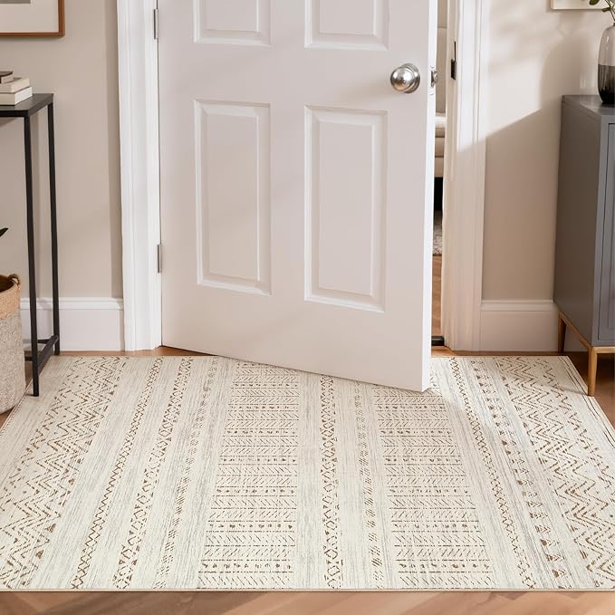 Area Rugs for Living Room Washable Living Room Rug Soft Neutral Indoor Floor Carpet Non-Slip Stain Resistant Modern Boho Rugs for Bedroom Dining Room Kids Room Nursery Office Home Brown Cream