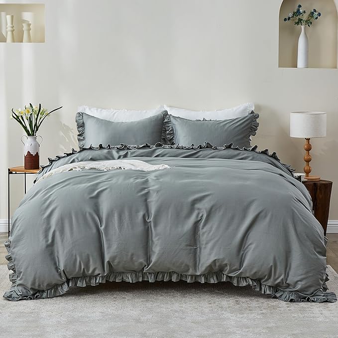 Simple&Opulence Kids 100% Organic Cotton Queen Duvet Cover Ruffle 3Pcs(1 Comforter Cover 2 Pillowcases) Cute Lace Vintage Boho Shabby Chic Farmhouse Bedding Set Teen Girls(Gray, Queen)