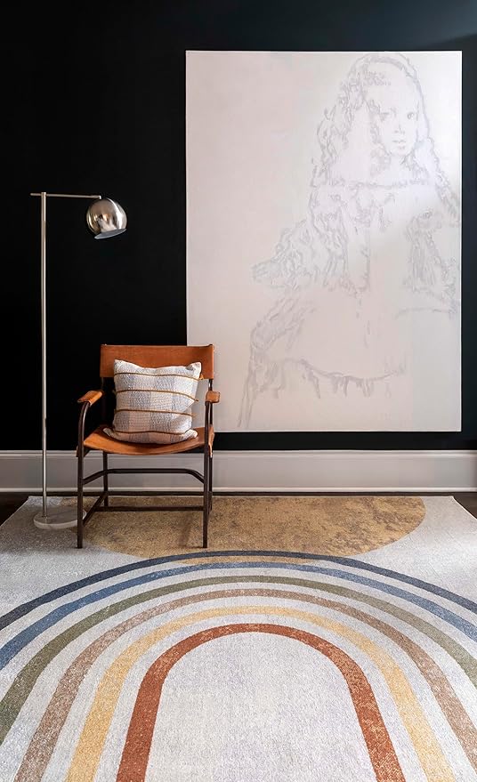 Mark&Day Washable Rugs, 7ft Round Eliot Modern Beige Area Rug, Oatmeal Brown Gray Carpet for Living Room, Bedroom or Kitchen (6'7" Round,Machine Washable)