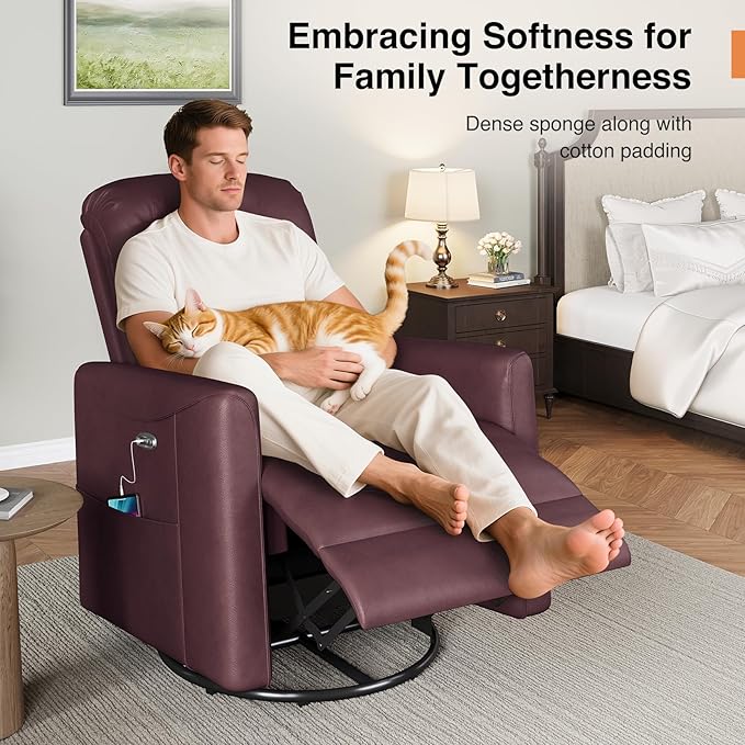 Power Swivel Rocker Recliner, 360° Swivel Nursery Rocking Chair, PU Leather Glider Rocking Recliner, Infinite Position Electric Chair for Adults with USB Port for Living Room, Burgundy