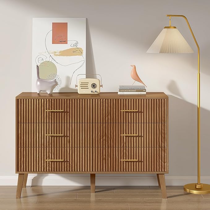 Accent 6 Drawer Dresser, Modern Closet Dressers Chest of Drawers with Fluted Panel, Living Room Bedroom Nursery Entryway and Hallway (Walnut)