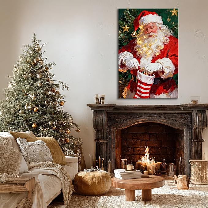 YONICA Christmas Canvas Wall Art Stocking Santa 12x18 Inch Oil Painting Filling Christmas Sock - Large Framed Gallery Wrapped Family Tradition