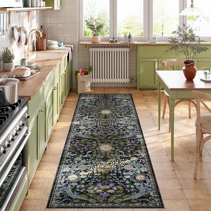 AMTOVO 2x6 Runner Rug for Hallway, Washable Non-Slip Long Kitchen Carpet, Floral Vintage Distressed Floor Mat for Hallways Entryway Living Room Laundry Room Bathroom Farmhouse, Black